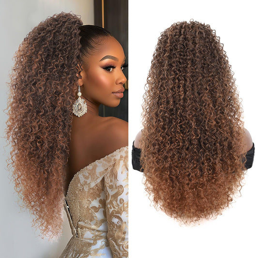 Youthfee Drawstring Ponytail for Women Deep Curly Ponytail Extension Synthetic Mixed with Human Hair Ponytails Light Brown Afro Kinky Curly Pony for Daily wear,27 Inches