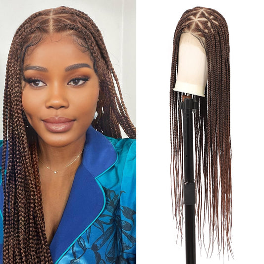 Lexqui 360° HD Full Lace Knotless Braided Wigs for Women Box Braid Wig Synthetic Hair Lace Front Braided Wigs with Baby Hair Braid Wig 36 Inch Brown
