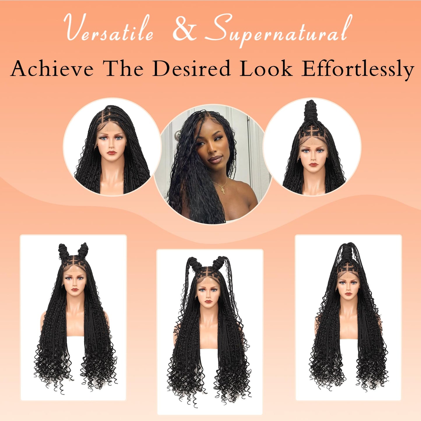 Brinbea 13x8'' HD Lace Front Braided Wigs for Women Knotless Boho Braided Wigs with Baby Hair Black Box Braid Wig Long Premium Synthetic Braided Lace Front Wigs 36 Inch