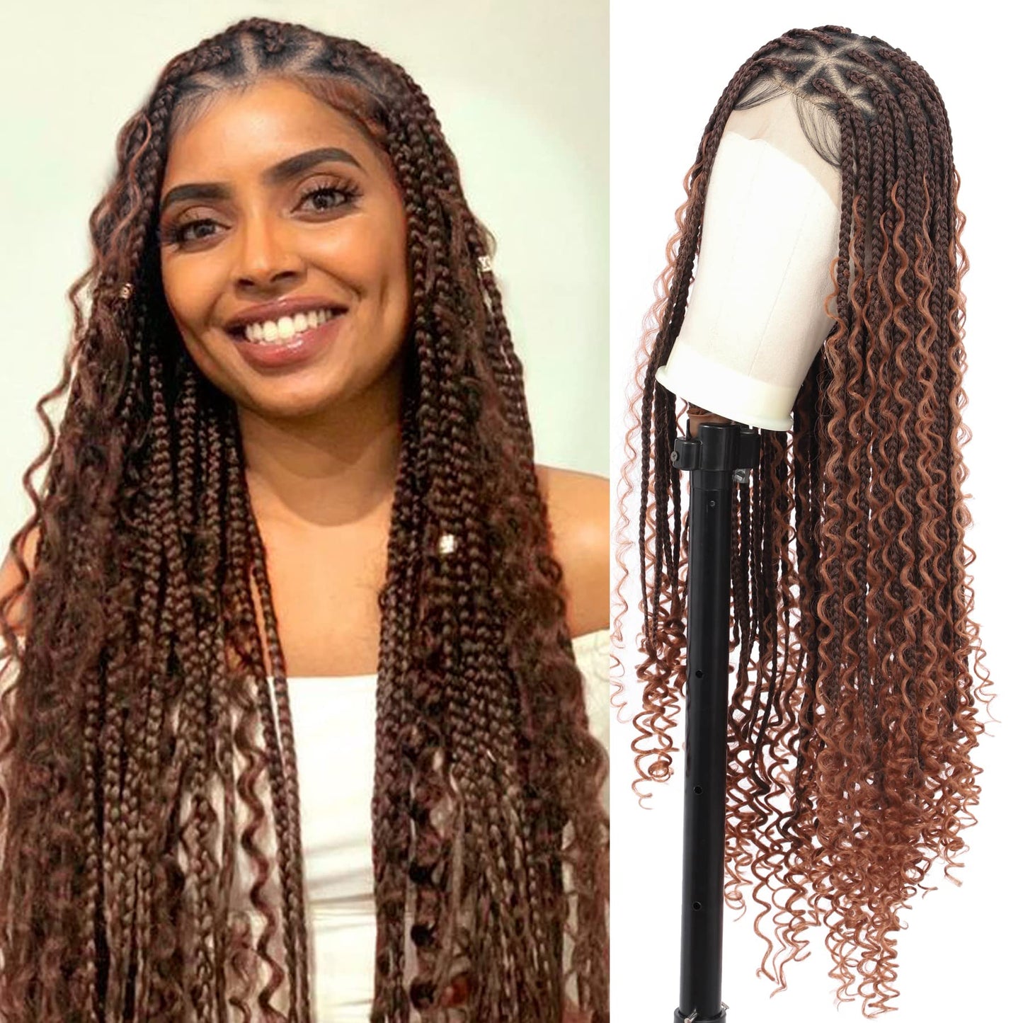Olymei Boho Braided Wigs for Black Women Knotless Braided Wigs Box Braid Wig with Baby Hair Full Double Lace Ombre Brown Boho Braided Wig Premium Synthetic Lace Braided Wig,36" Double Lace