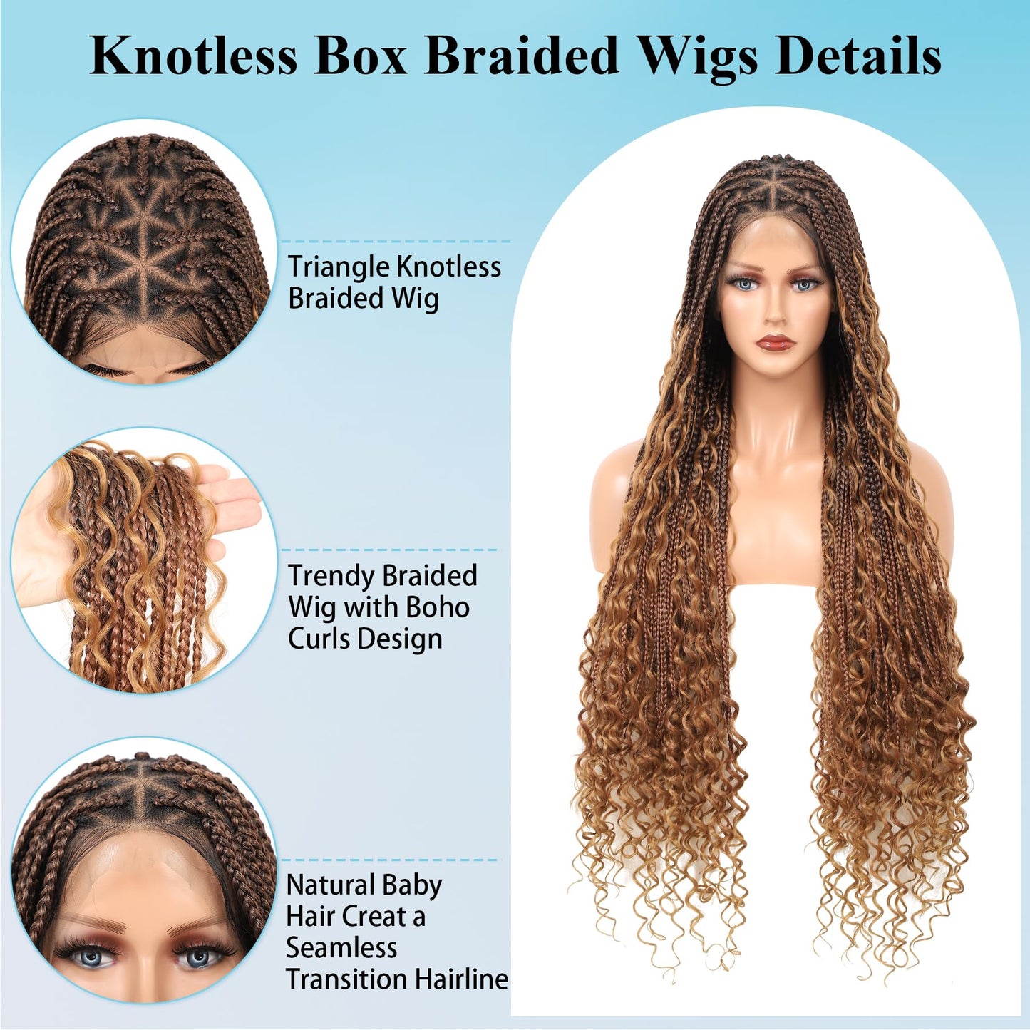 Olymei Boho knotless Braided Wigs for Women Boho Braid Wig Full Double Lace Front Bohemian Box Braid Wig with Baby Hair Premium Synthetic Braided Lace Front Wig 36" Mix Brown and Light Brown