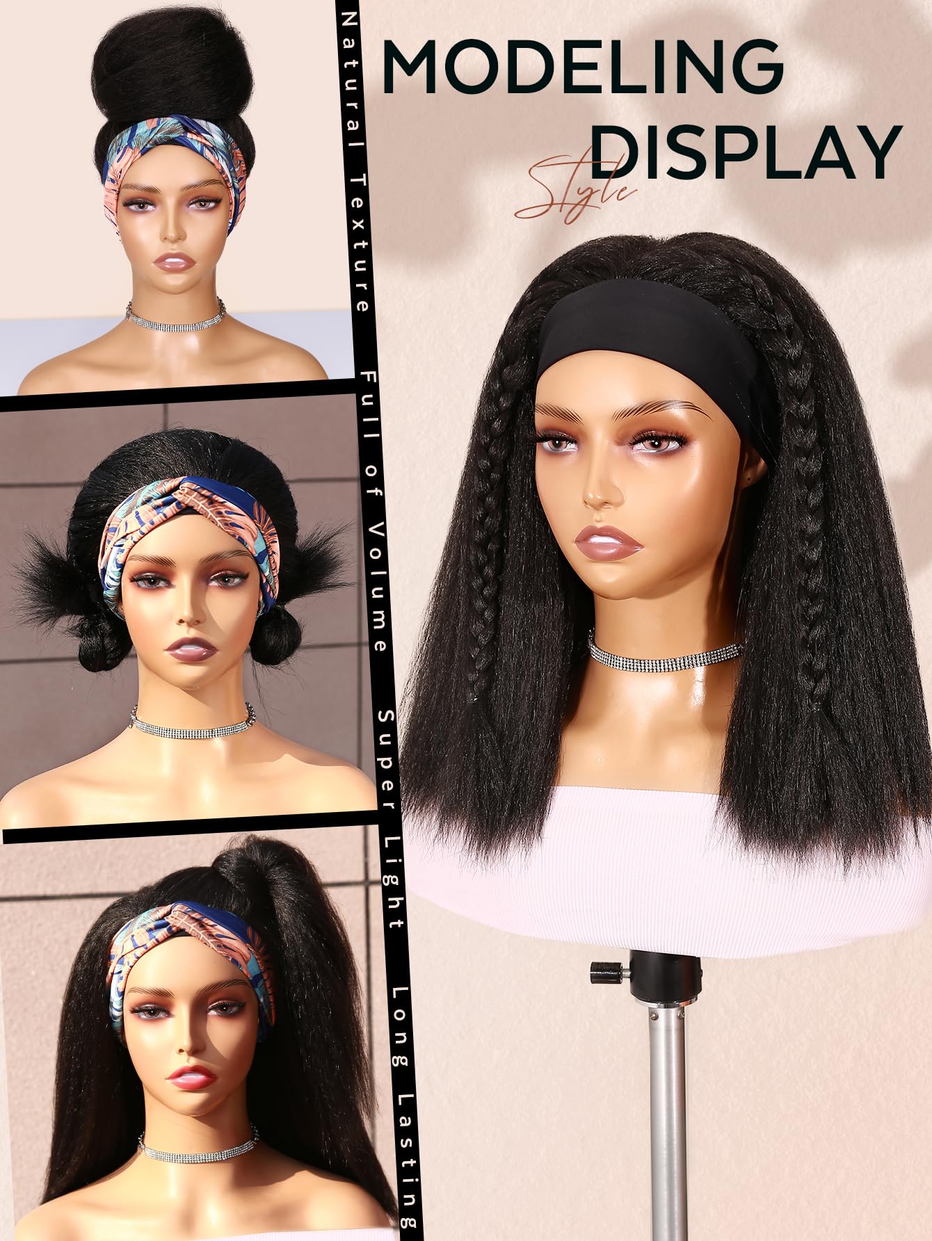 WIGNEE Kinky Straight Headband Wig Kinky Wig with Ribbon Glueless Headband Wigs for Black Women Natural Synthetic Afro Wigs for Black Women Natural Black 14 Inch