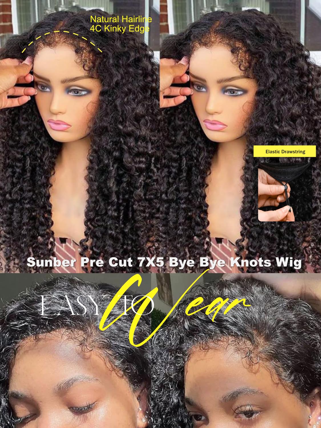 Sunber 4C Kinky Edges Water Wave Human Hair Wigs with Drawstring Bye Bye Knots Pre Cut 7x5 HD Lace Front Water Wave Glueless Wigs Put On and Go Pre Bleached Knots 180% Density 14Inch Beginner friendly