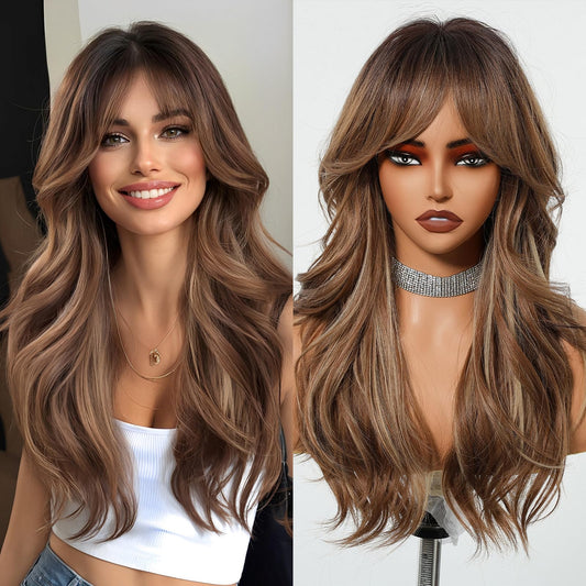 Tumhorn Long Brown Layered Wig with Curtain Bangs for Women Highlight Brown Mixed Blonde Wavy Wig Natural Looking Heat Resistant Synthetic Wigs for Daily Party Use