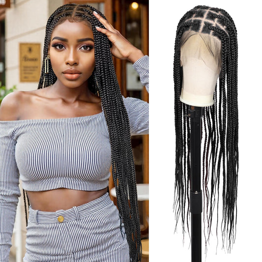 Olymei 360° HD Full Lace Large Square Knotless Braided Wigs for Women Box Braid Wig with Baby Hair Long Black Premium Synthetic Braided Lace Front Wigs 36"