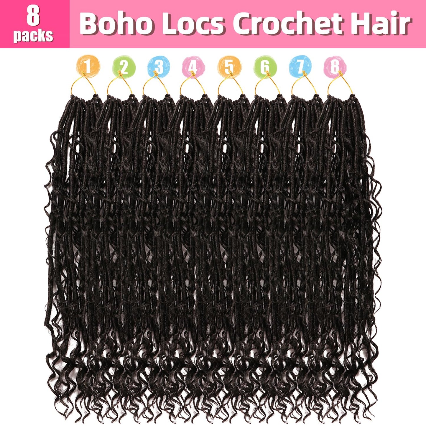 Soft Boho Locs Crochet Hair for Black Women-18 Inch 8 Packs Goddess Faux Locs Crochet Human Hair Feeling Pre Looped with Curly Ends (1B, 18 Inch(Pack of 8))