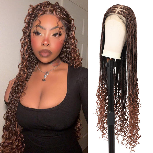 Lexqui 36" 360° HD Full Lace Braided Wigs with Boho Curly End Box Braid Wig with Baby Hair Ombre Brown Natural Triangle Knotless Braided Wigs for Women Synthetic Hair Braided Lace Front Wig