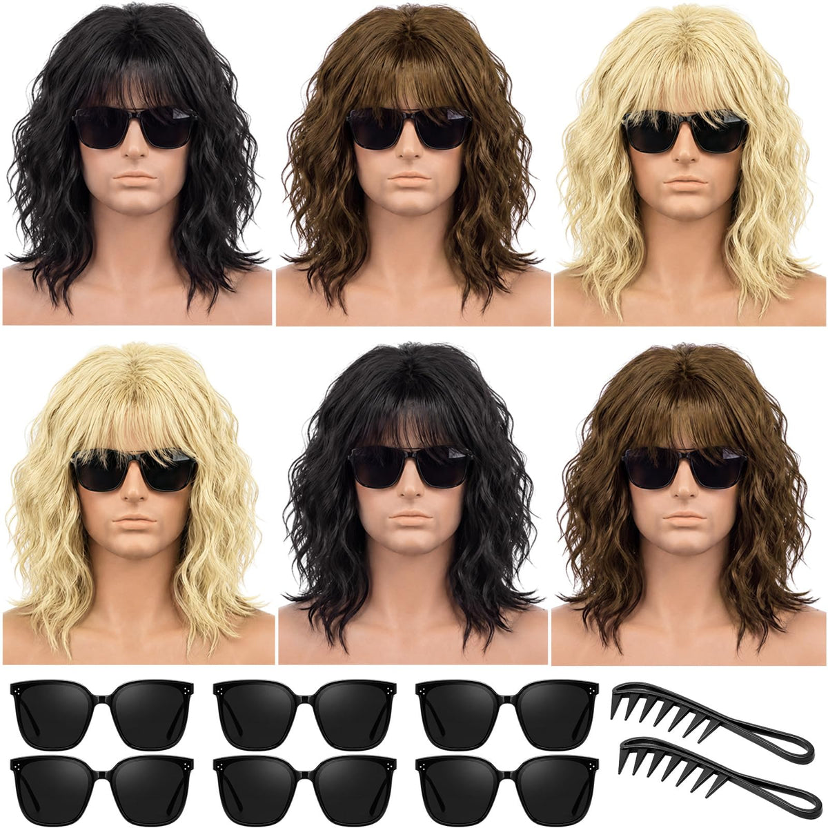 Suncalla 6 Set 80S Rocker Wigs for Halloween Party 3Color