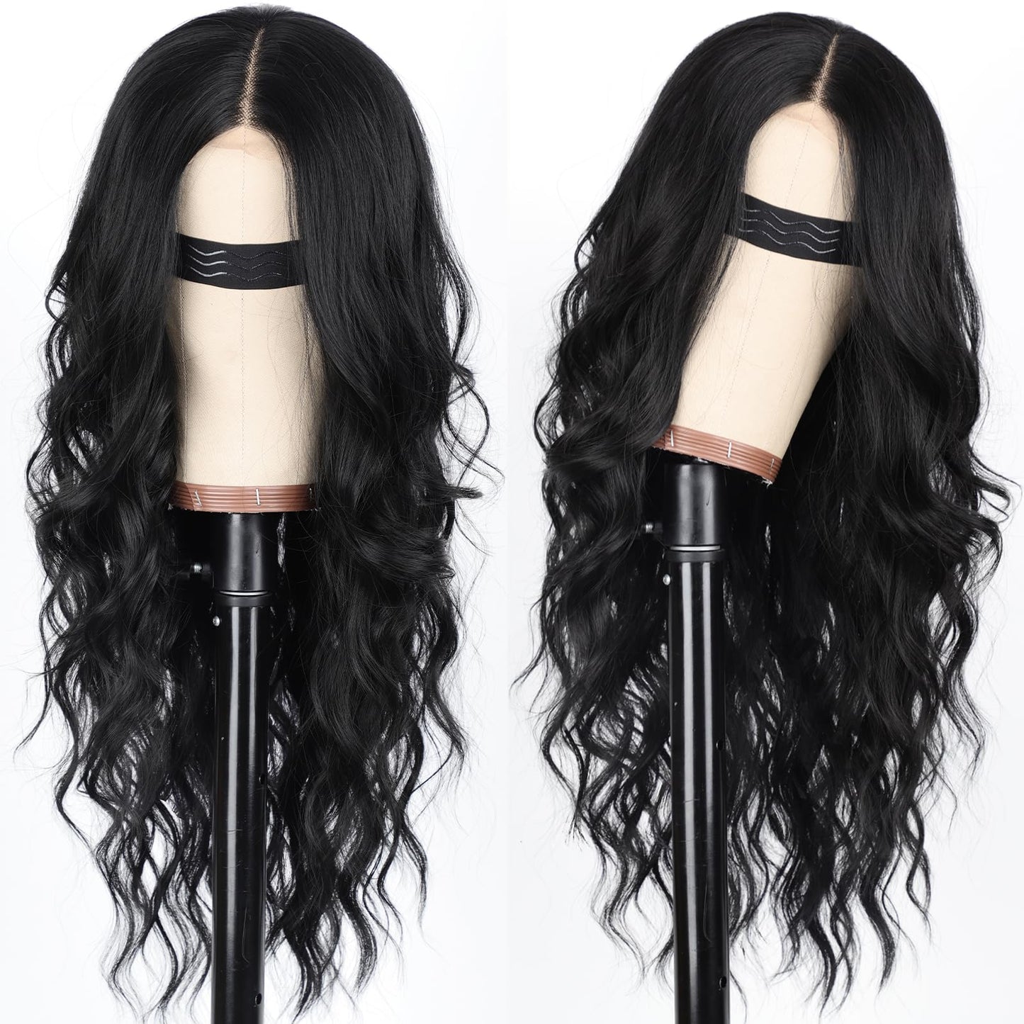 AISI HAIR Black Wig for Women, Long Wavy Lace Hairline Wig, 26 Inch Middle Part Synthetic Heat Resistant Wig for Daily Party