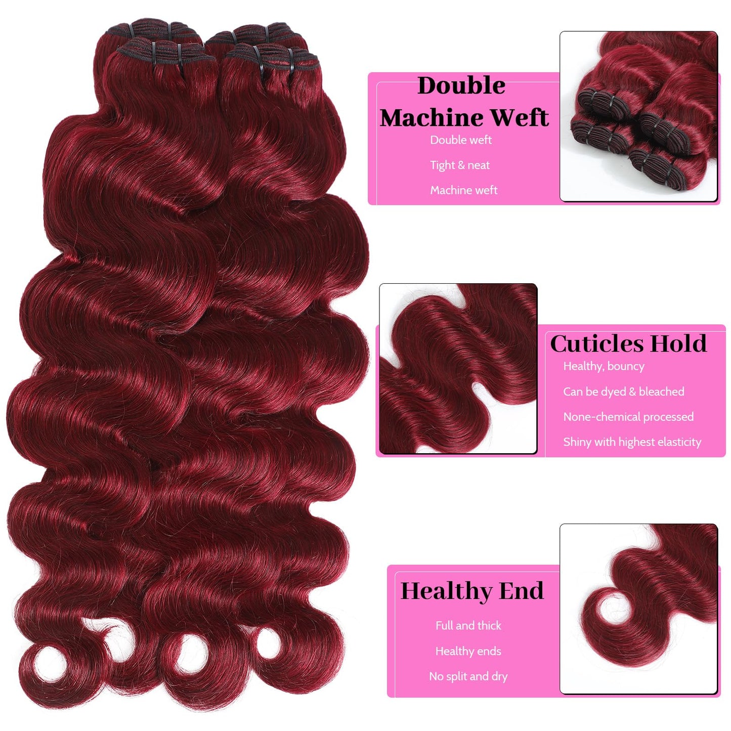 Ciracevi 99J Red Body Wave Human Hair Bundles 15A Raw Indian Hair Bundle burgundy Body Wave Bundles Hair Extensions(4 bundles 18 20 22 24)