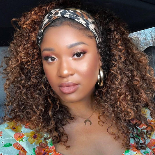 Aisaide Kinky Headband Wig 12 Inch Deep Curly Headband Wigs for Black Women Glueless No Lace Deep Curly Half Hair Wigs Dark Almond Brown