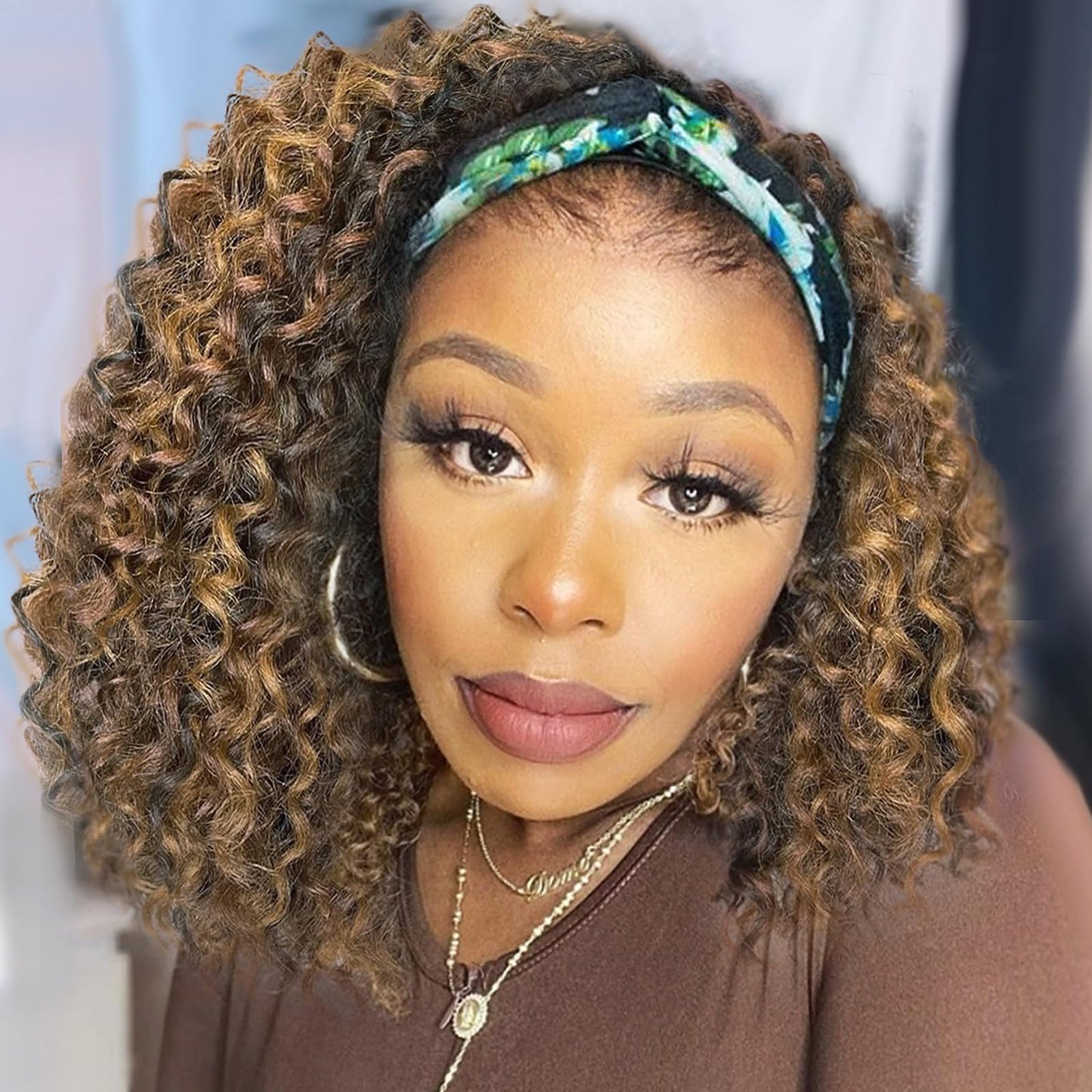 Aisaide Headband Wig 12 Inch Kinky Curly Headband Wigs for Black Women Glueless No Lace Front Wig Deep Curly Half Hair Wigs