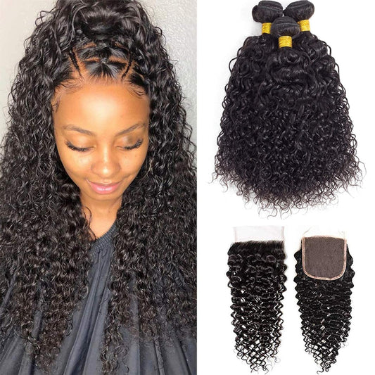 DreamPack Water Wave Human Hair 3 Bundles 101010+8 inch Wet and Wavy Bundles,with Closure Brazilian Virgin Hair 100% Unprocessed Human Hair Short Curly Weave with 4x4 Lace Closure Natural Color