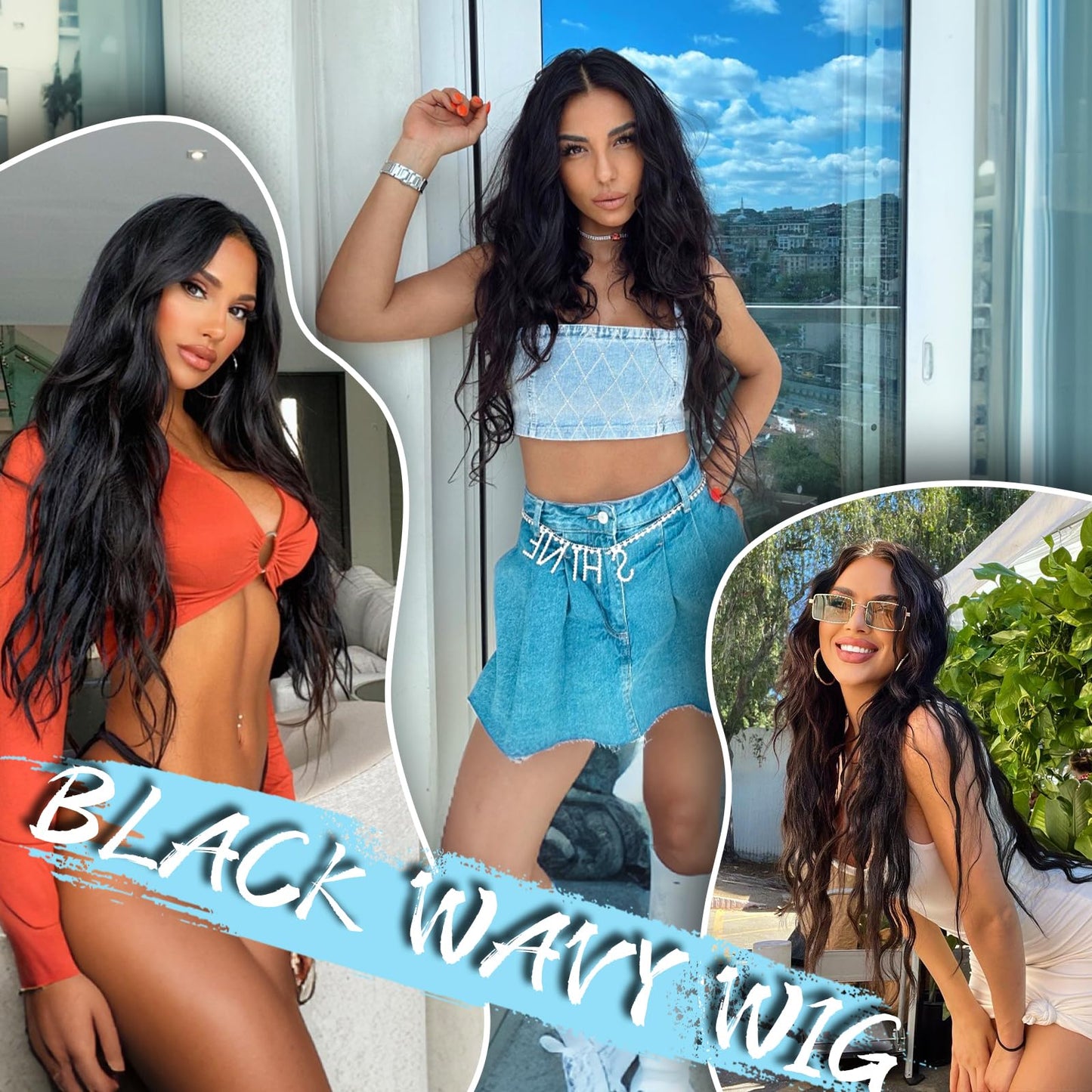 AISI HAIR Black Wig for Women, Long Wavy Lace Hairline Wig, 26 Inch Middle Part Synthetic Heat Resistant Wig for Daily Party
