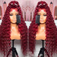 ANDRIA 13x4 HD Transparent Lace Front Wigs 26 Inch Wine Red Deep Wave with Baby Hair Pre-Plucked Glueless Burgundy 200% Density Natural Color Long Synthetic Deep Curly Wigs For Black Woman
