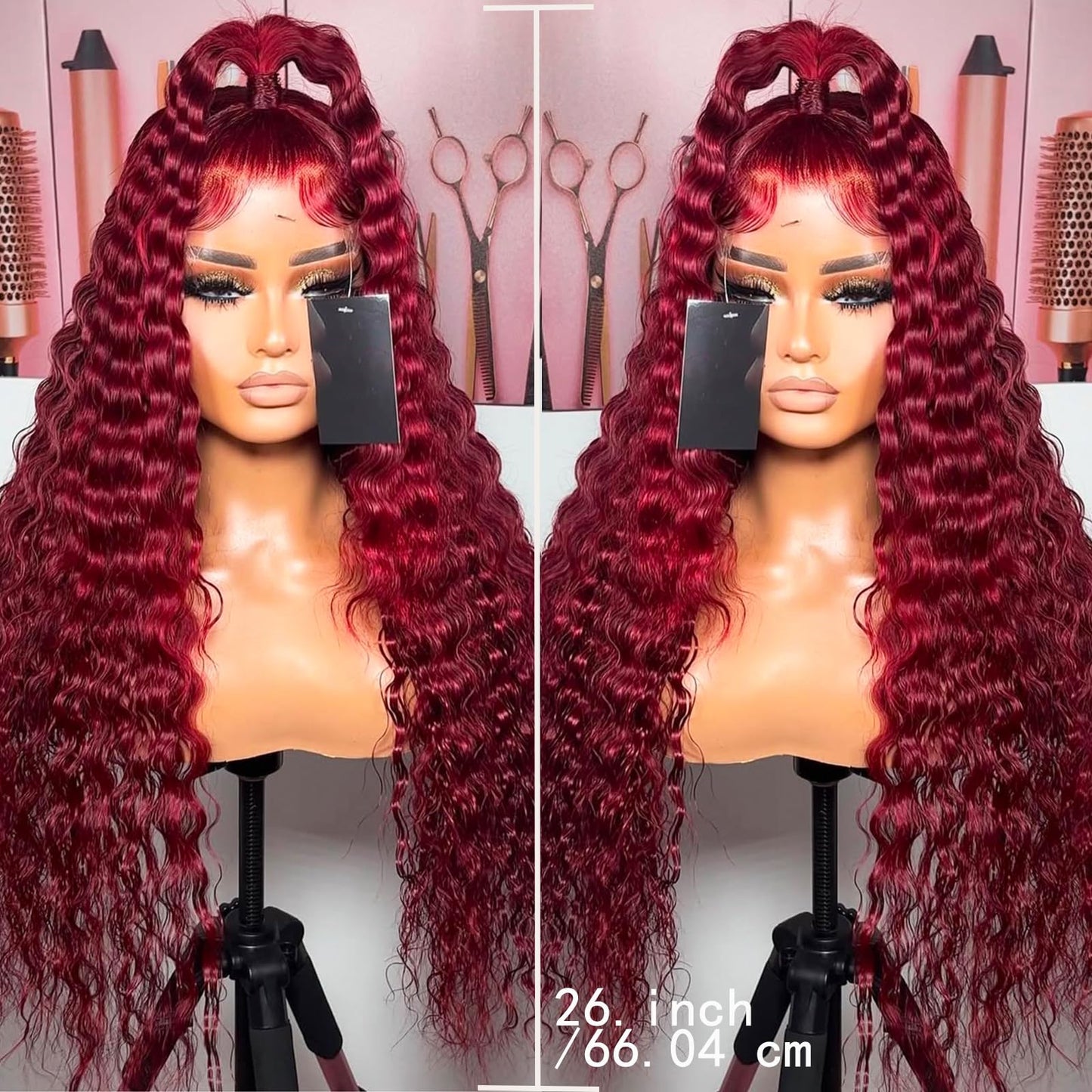 ANDRIA 13x4 HD Transparent Lace Front Wigs 26 Inch Wine Red Deep Wave with Baby Hair Pre-Plucked Glueless Burgundy 200% Density Natural Color Long Synthetic Deep Curly Wigs For Black Woman
