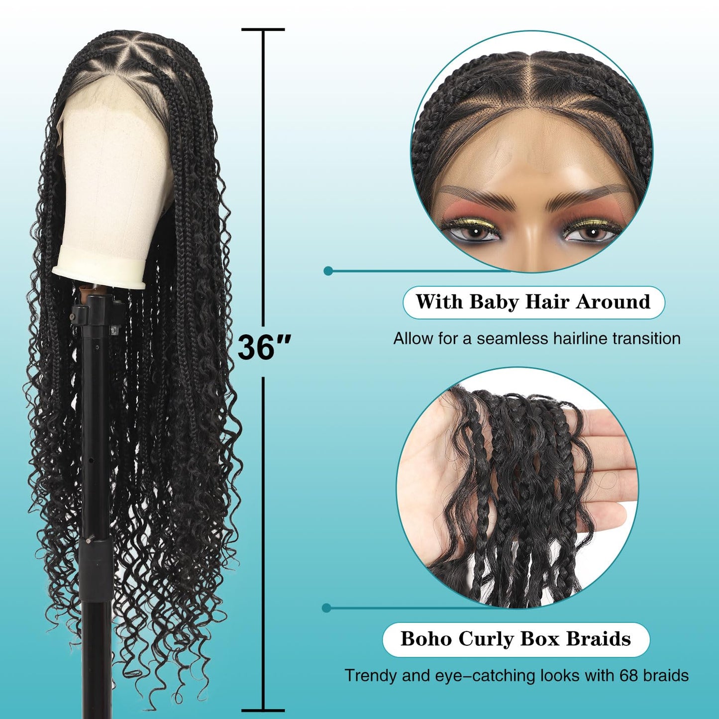 Kalyss HD Full Lace Triangle Knotless Boho Braided Wigs for Women 360 Lace Front Box Braided Wigs with Baby Hair Black Premium Synthetic Knotless Braid Wig 36"