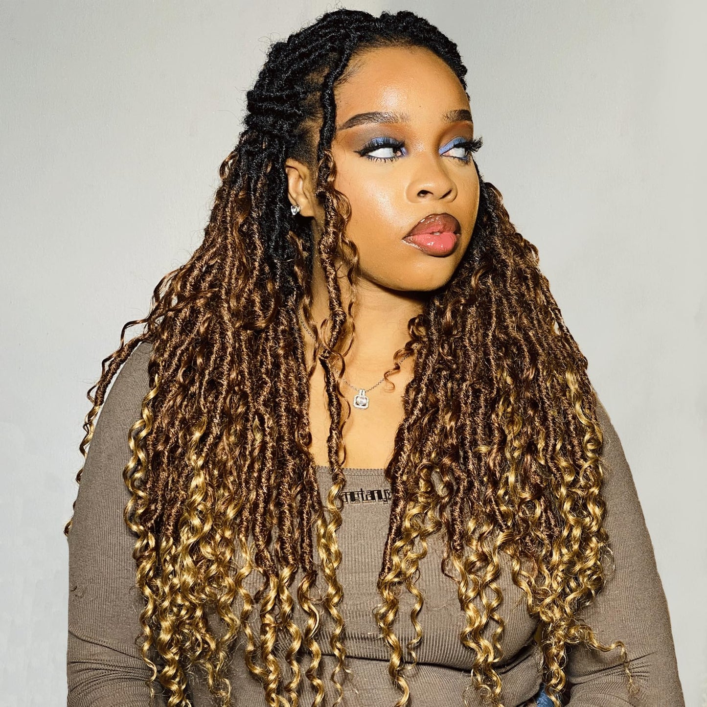 Toyotress Boho Human Hair Locs - 14 Inch 8 Packs Pre-Looped Crochet Curls, 3 Tones Ombre Brown With Curly Ends Braiding Hair Extensions (14 Inch, 8P-OT30/27)