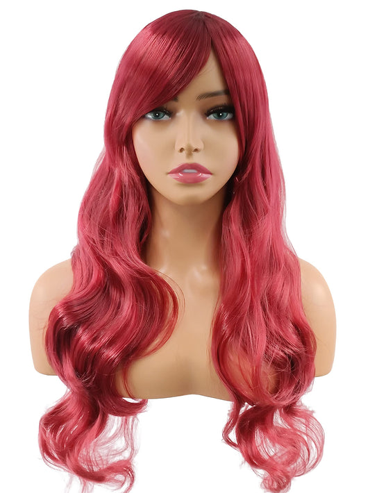 PORT&LOTUS Red Curly Wig Long Cosplay Wig With Bangs (Side Part) Wigs for Women Synthetic body Wave Wigs for White Women with Wig Cap Party Wigs for Black Women 26 inch burgundy
