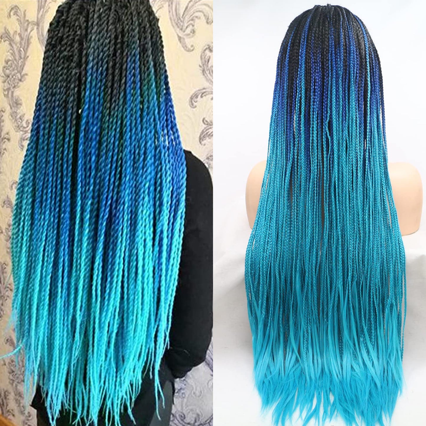 Blue Box Braided Wig for Women Long Ombre Black Sky Blue Knotless Cornrow Braids Lace Frontal Wig Hand Synthetic Lightweight Twist Braid Wigs Glueless Braiding Hair Heat Resistant Cosplay 26 Inch
