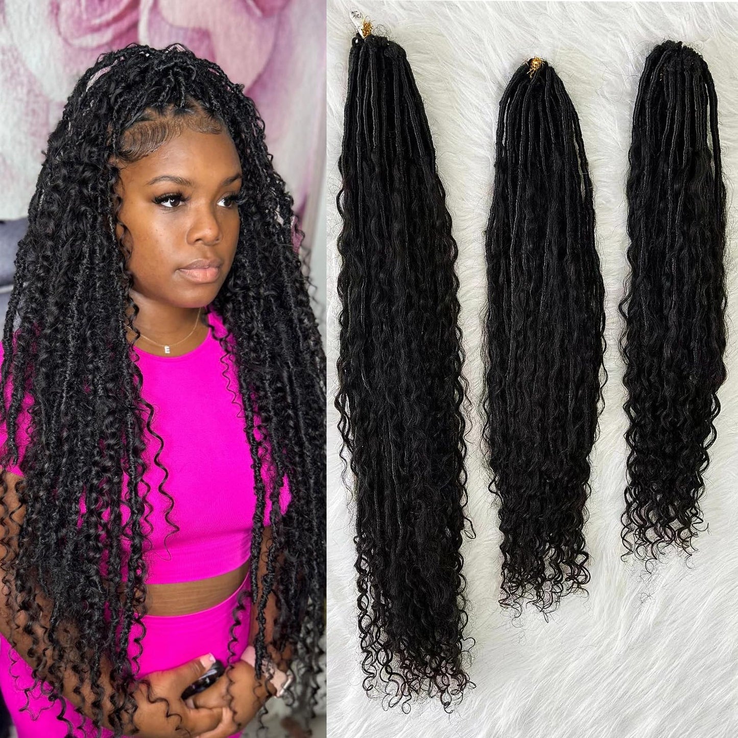 Boho Locs Crochet Braids Pre Looped With Human Hair Extensions Curly Ends Deep Wave Goddess Soft Locs Box Knotless Braids Hair Synthetic Dreadlocks Braiding for Women CHARMING YOU 22 Inch 24Strands