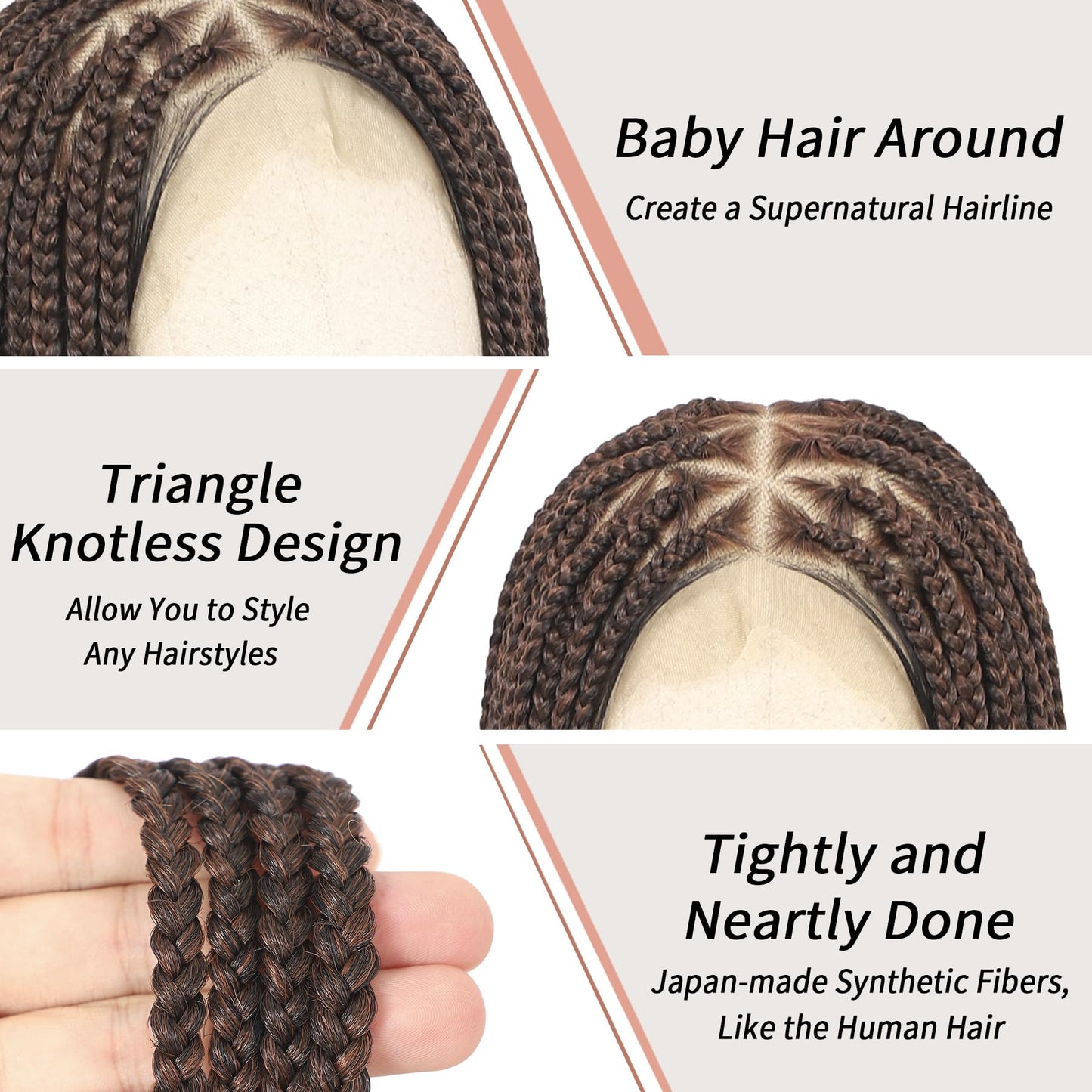 Lexqui 36" 360° HD Full Lace Braided Wigs for Women Triangle Knotless Braided Wigs Box Braid Wig with Baby Hair Natural Handmade Synthetic Hair Braided Lace Front Wig Ombre Brown
