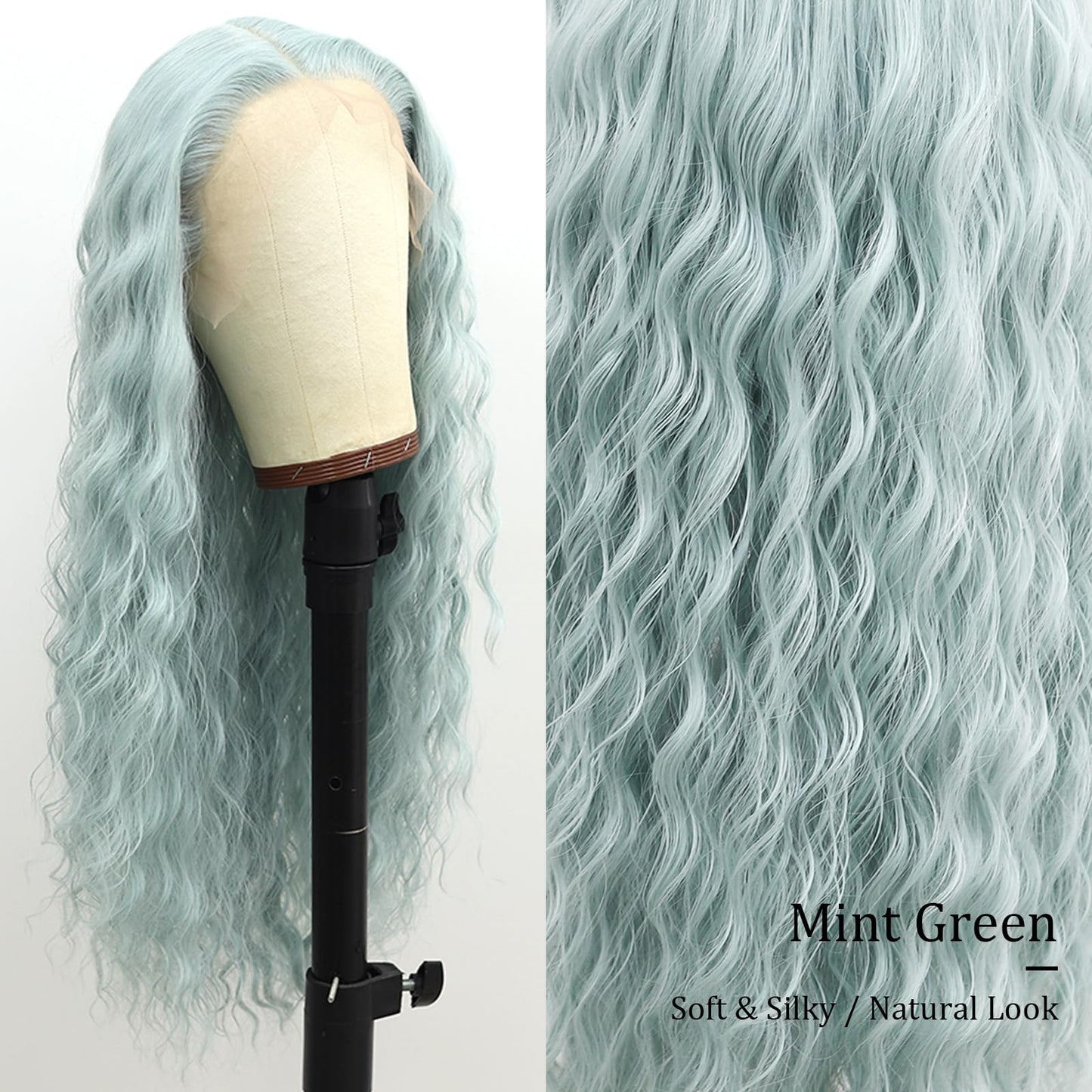 Fugady Mint Green Glueless Curly Wigs Light Green Heat Resistant Synthetic Fiber Lace Front Wig Pre Plucked 200 Density Long Loose Wave Wig With Baby Hair Colorful Wigs For Women 26 inches