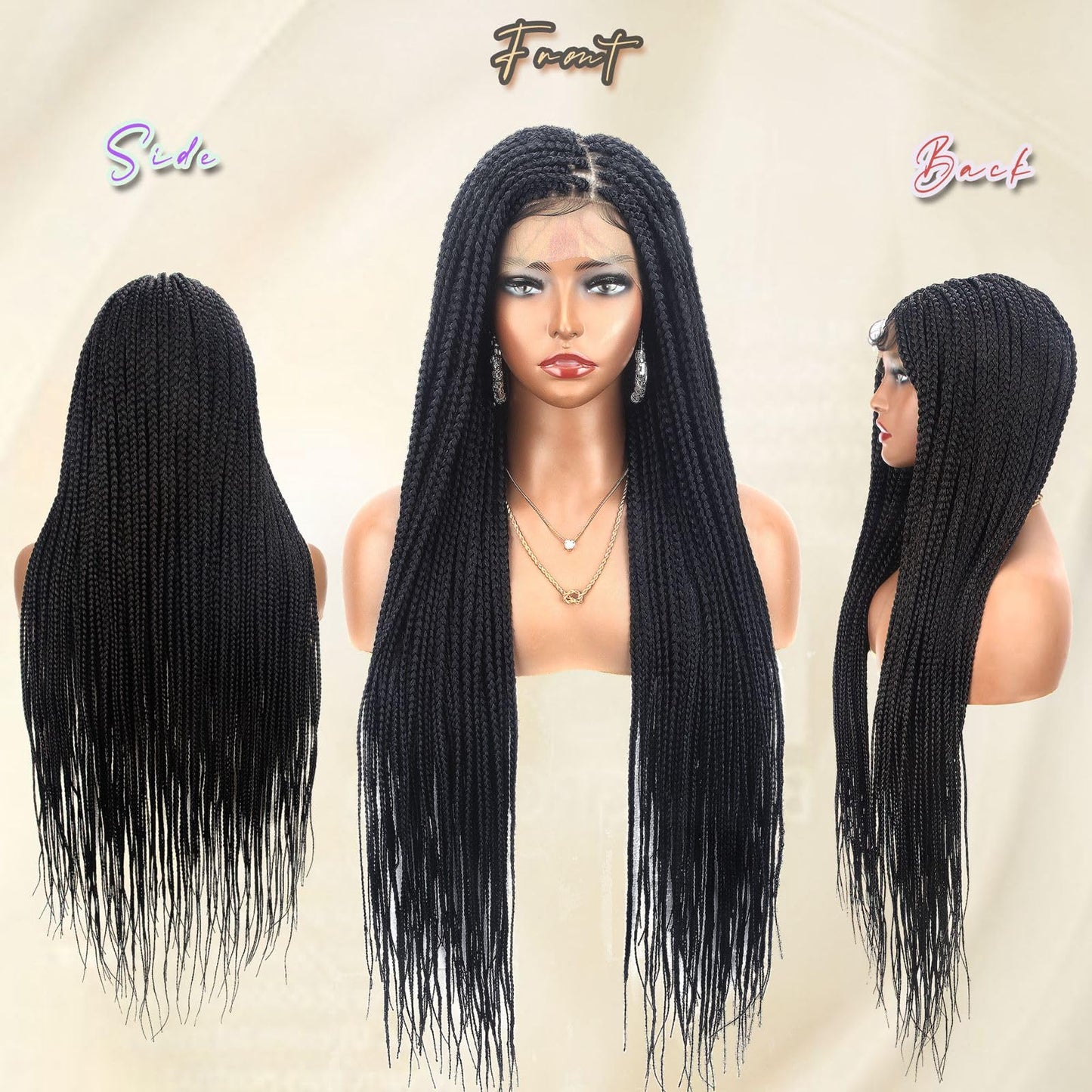 Alebery 36" Full Lace Knotless Box Braided Wigs for Black Women Twisted Braids Lace Synthetic Frontal Black Cornrow Wig with Baby Hair, Lightweight (1B)