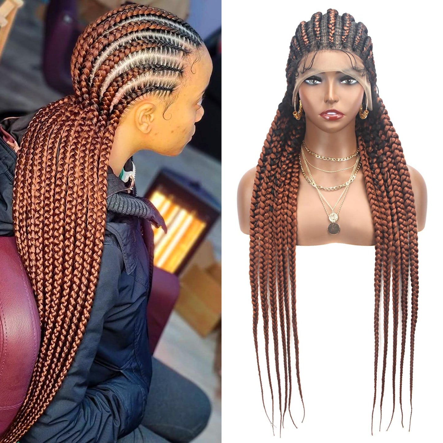 Alebery 36" Full Lace Braided Wigs for Black Women Jumbo Box Braids Lace Front Wig with Baby Hair Lightweight Synthetic Lace Frontal Black Cornrow Twisted Wigs (Brown Mixed Black)