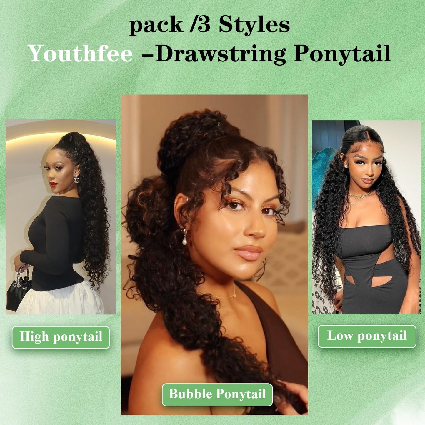 Youthfee 27” Drawstring Ponytail Deep Curly Heat Resistant Instant Clip Ponytail Extension Protective Style Afro Kinky Curly Hair Pieces for Women