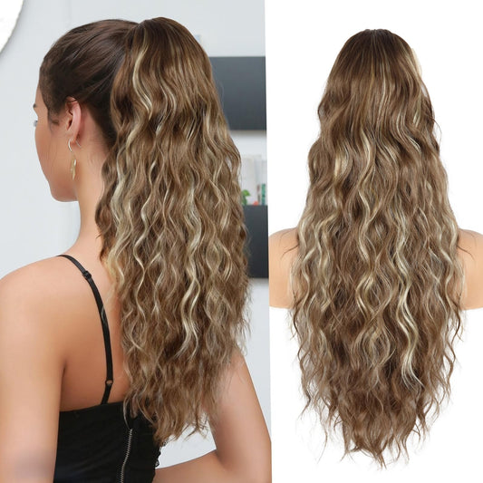 Ponytail Extension for Women, 26 inch Drawstring Ponytail Extension, Wavy Pony Tails Hair Extensions, Synthetic Hair Extensions Ponytail for Daily Use (Deep Almond Brown with Wheat Germ Blonde)