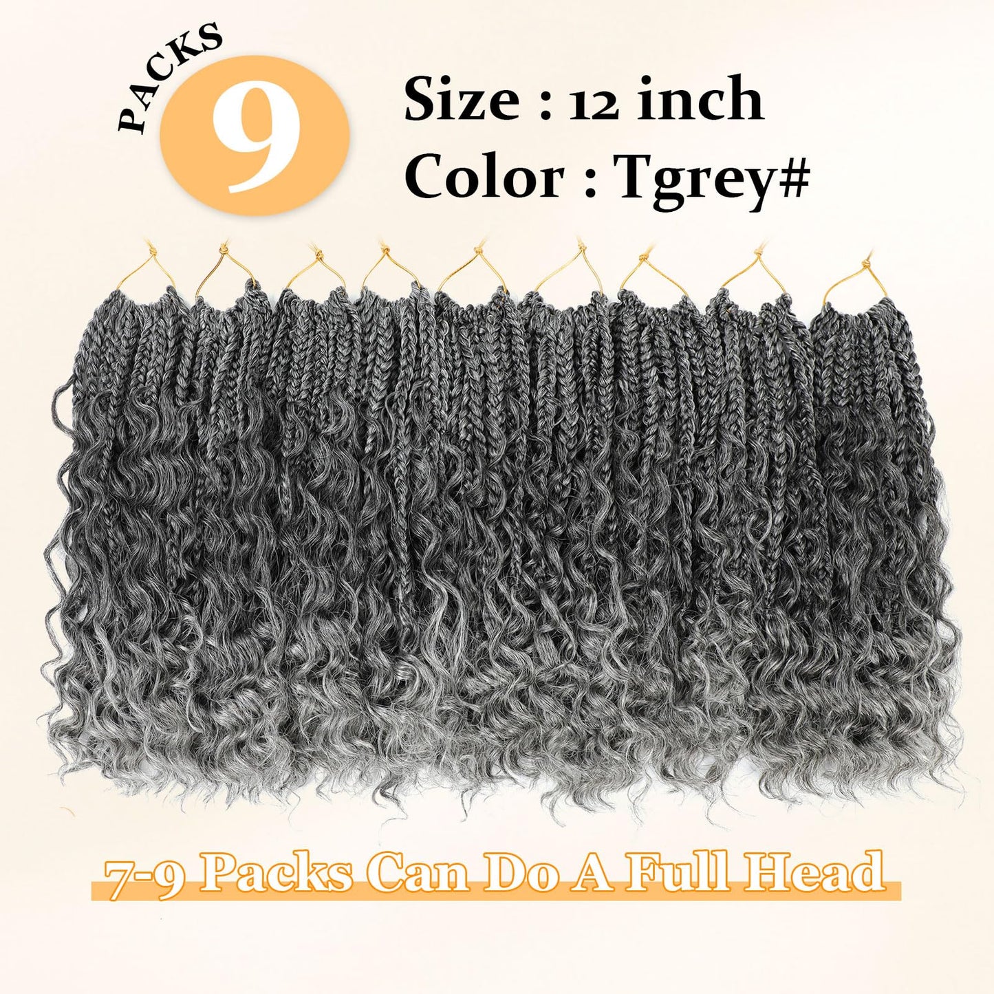 Yewell 9 Packs Goddess Box Braids Crochet Hair Boho Crochet Box-Braids With Curly Ends Crochet-Hair For Black Women, 12 Inch Pre Looped Bohemian Crochet Box Braiding Hair (12Inch 9 Packs,TGrey)