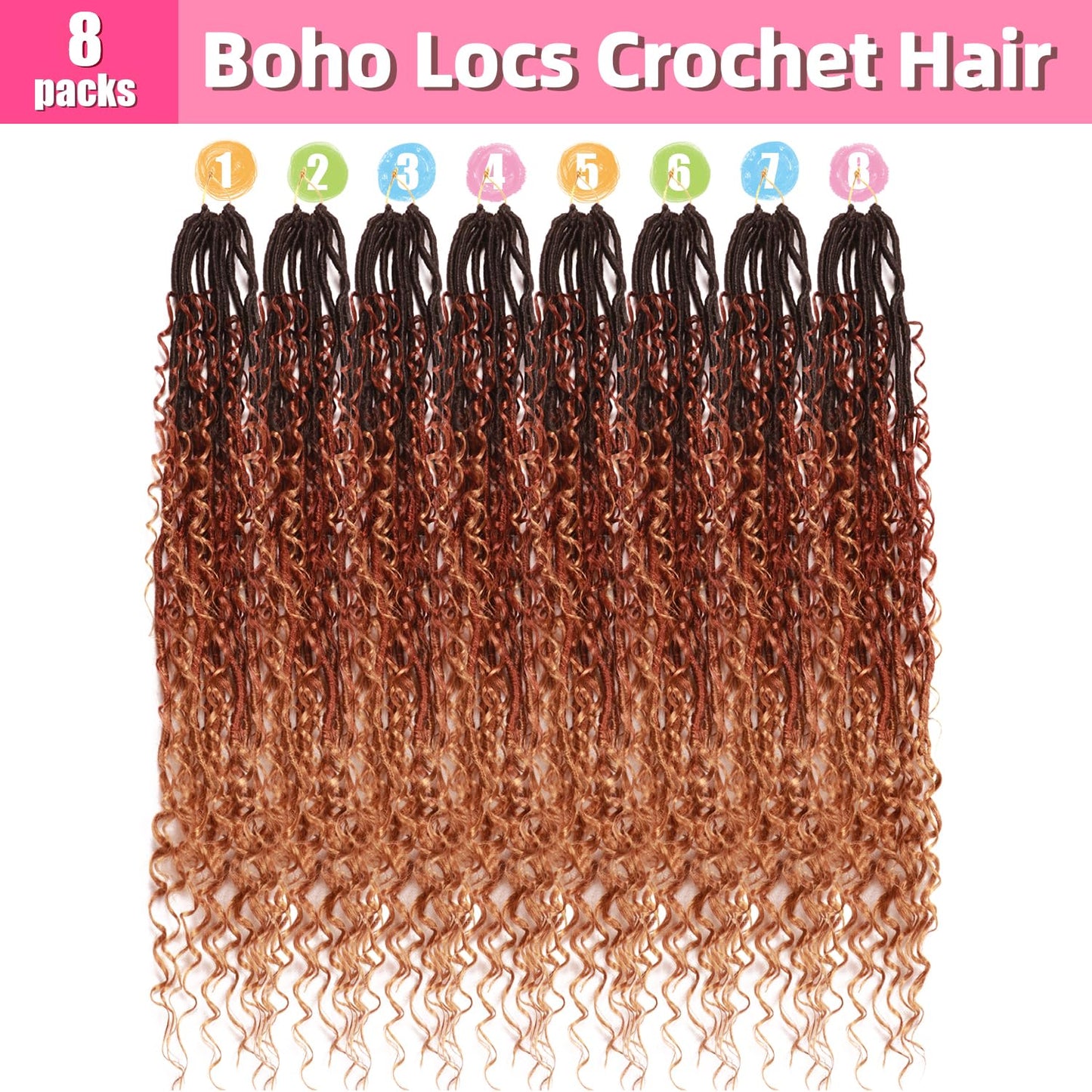 Soft Boho Locs Crochet Hair for Black Women-30 Inch 8 Packs Goddess Faux Locs Crochet Human Hair Feeling Pre Looped with Curly Ends (1B/30/27, 30 Inch(Pack of 8))
