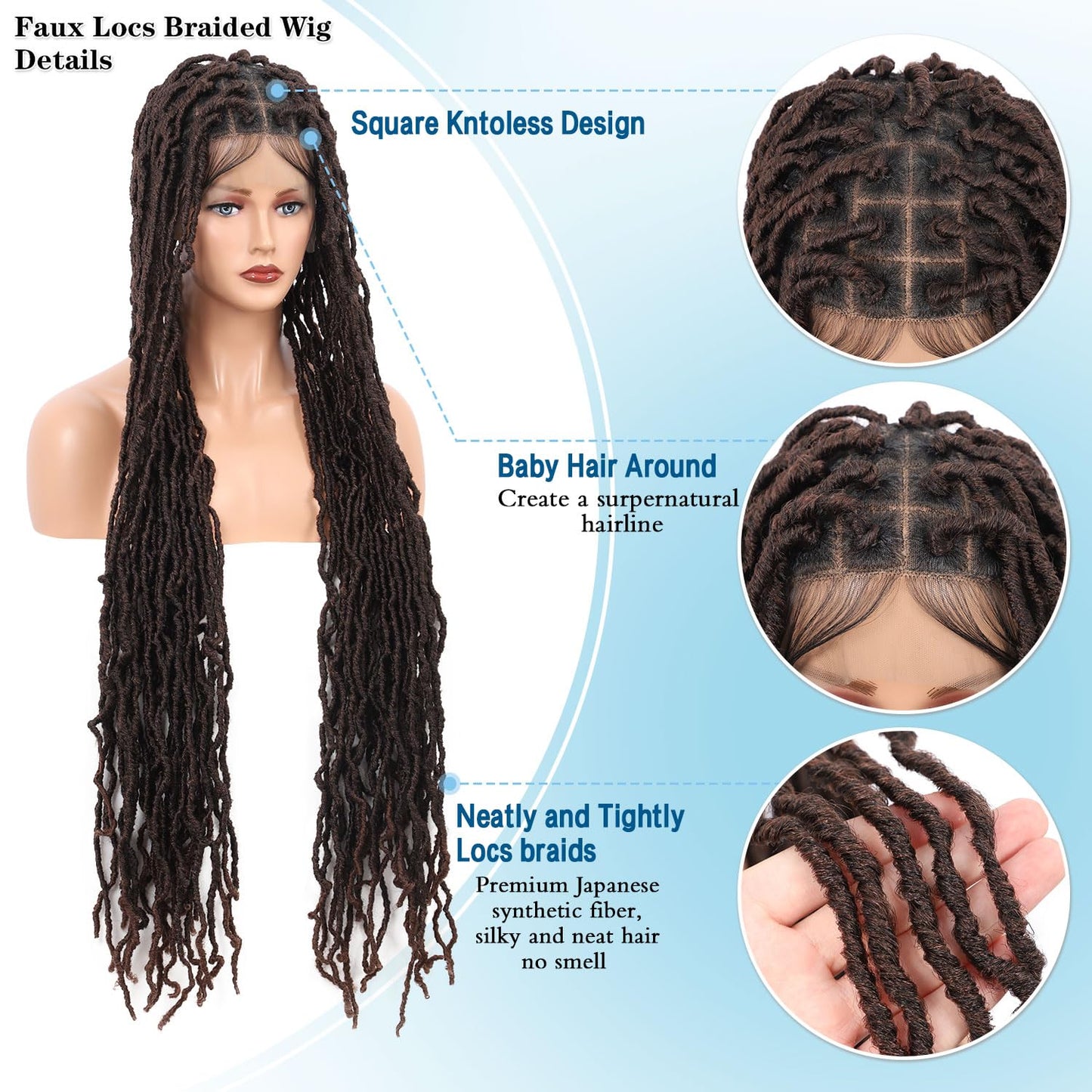 Olymei Faux Locs Braided Wigs Square Knotless Braided Wigs for Women Premium Synthetic Lace Front Locs Braid Wig with Baby Hair Full Double Lace Front Braided Wigs 40" Brown