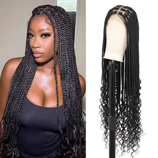 Lexqui 36 inch 360° Hd Full Lace Braided Wigs for Women Knotless Braided Wigs Box Braid Wig with Curly End Braid Lace Front Wig with Baby Hair Black