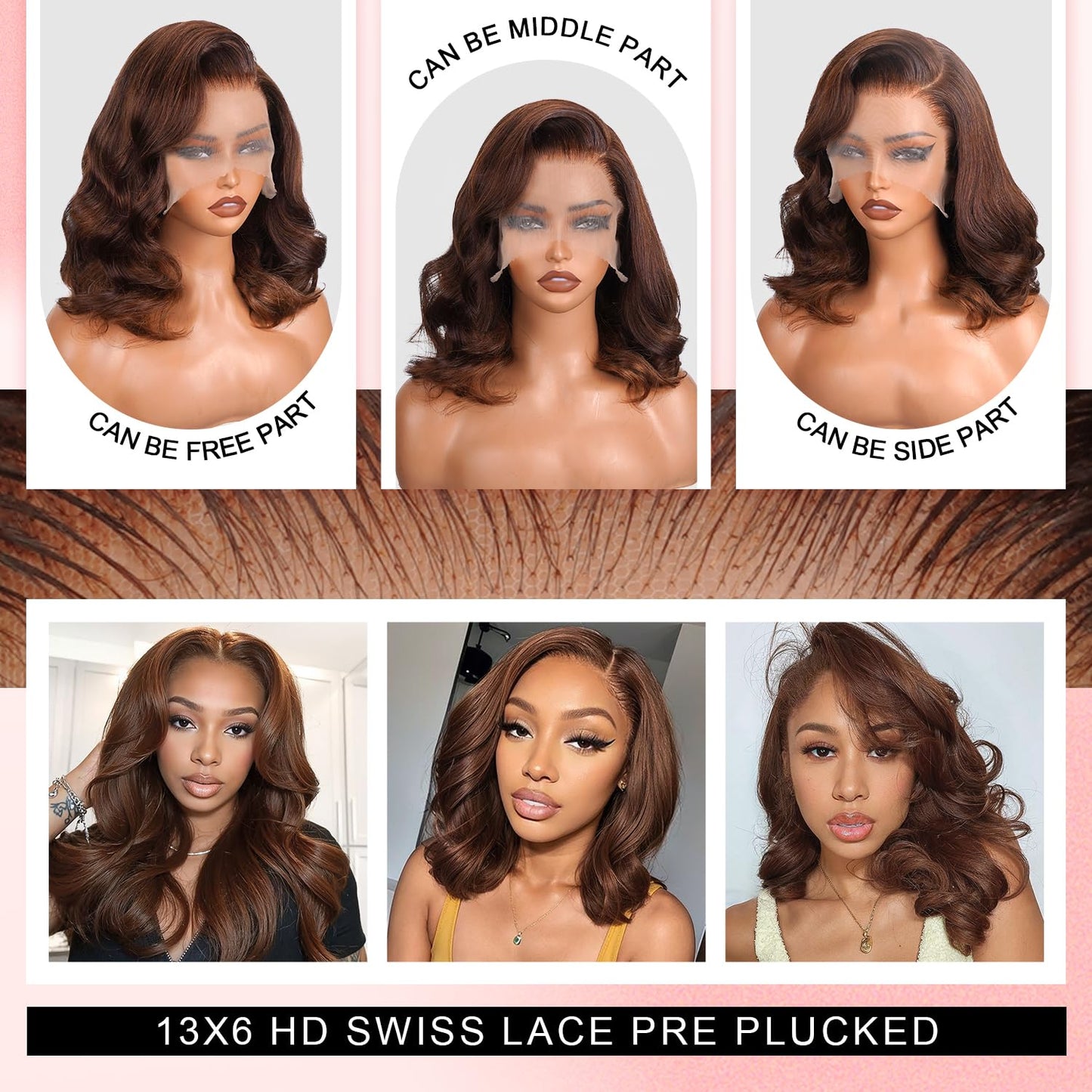 Afribye Brown Wig Human Hair 200% Density 13x6 Body Wave Lace Front Wigs Human Hair Pre Plucked Short Wigs for Black Women Glueless Frontal Wig Human Hair Loose Wavy 14 inch