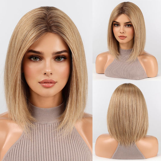starluck Human Hair Wig for Women Wigs Real Human Hair Ligth Brown Wigs Layered Bob Wig 12 Inch Silk Base Realistic and Resistant for Daily Party Use