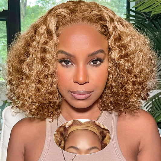 UCUVIC Wear And Go Glueless Wigs Human Hair Pre Plucked Pre Cut Curly 5x5 Deep Wave Bob Wig Human Hair Lace Front Closure Wigs For Black Women 200Density Curly Wig Glueless Highlight Ombre 12 Inch