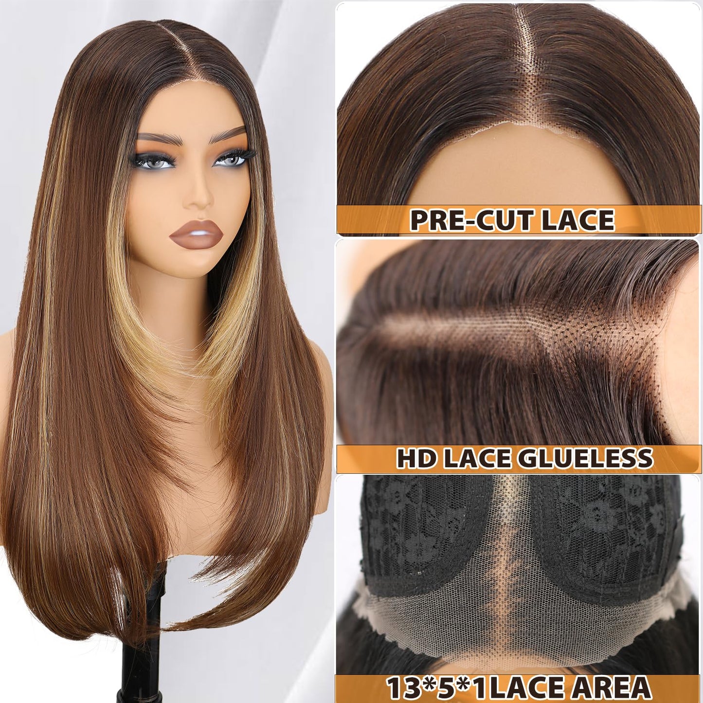 NOSTALGIA Honey Blonde Highlight Straight Lace Front Wig Pre Cut Glueless Synthetic Layered Wig 24 Inch Middle Part Closure Wig For Women Upgraded with Premium Fiber