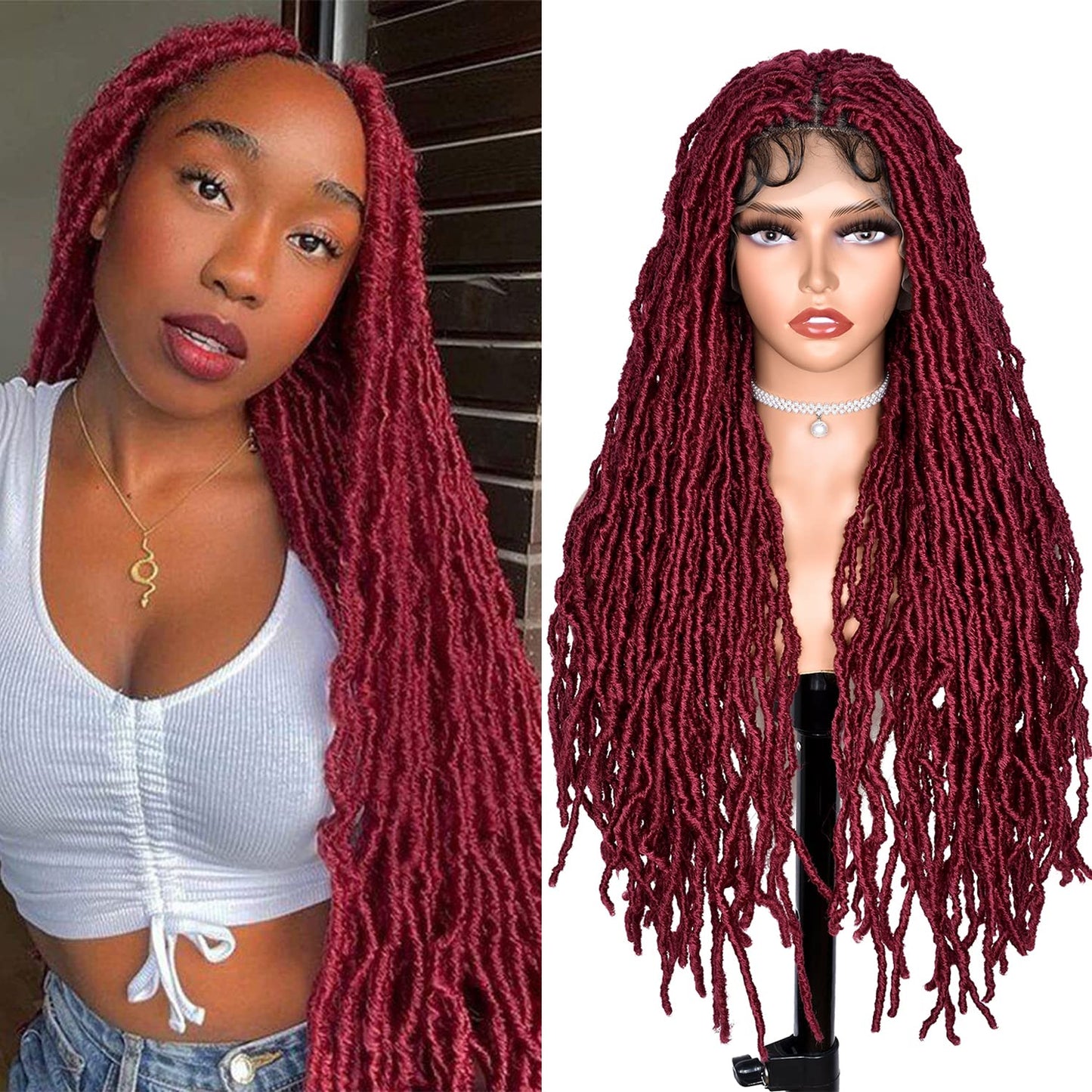 ANNISOUL Burgundy Full Lace Faux Locs Braided Wig Curly Hair Hand-braided Synthetic Crochet Braids with Baby Hair 32Inch Full Double Lace Synthetic Curly Crochet Locs Twist Wigs for Black Women