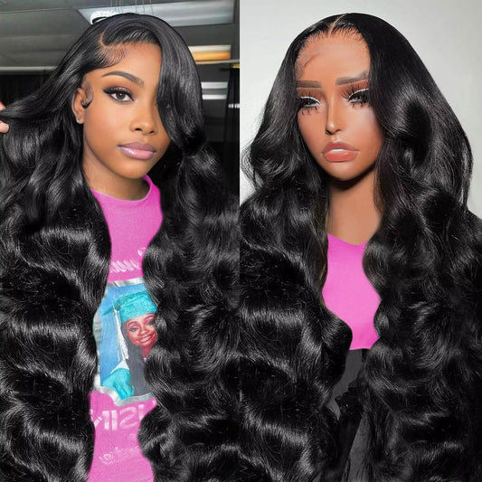 13x6 Lace Front Wigs Human Hair Pre Plucked 200% Density Body Wave HD Lace Front Wigs Human Hair Transparent Frontal Glueless Wigs Virgin Human Hair with Baby Hair for Women Natural Black 34 Inch