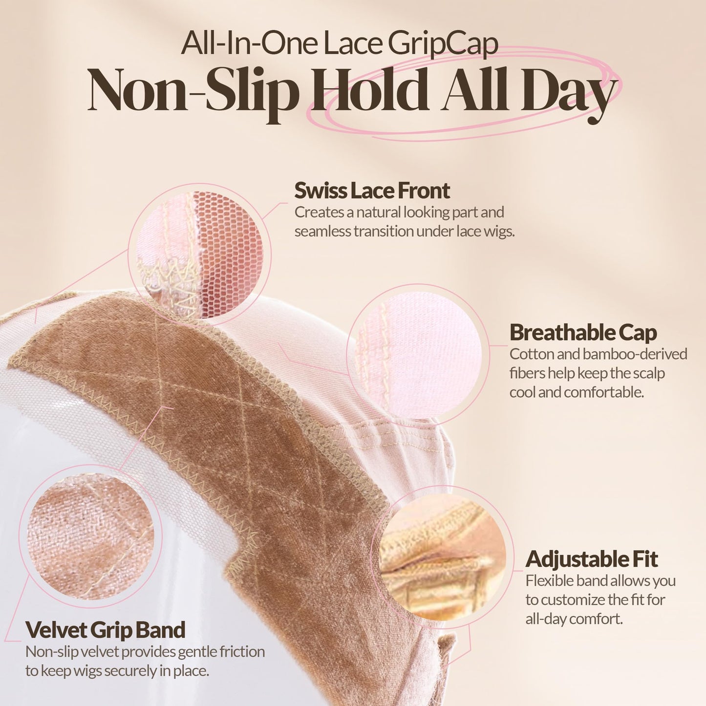 MILANO COLLECTION Lace Wig Grip Cap for Women, Adjustable Wig Caps for Women Non Slip with Headband to Secure Lace Top Perfectly in Place, One Size Fits All, Nude
