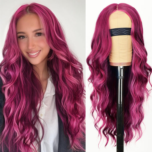 AISI HAIR Burgundy Mixed Rose Red Wig for Women, Long Wavy Lace Hairline Middle Part Synthetic Heat Resistant Wig for Daily Party-26 Inch