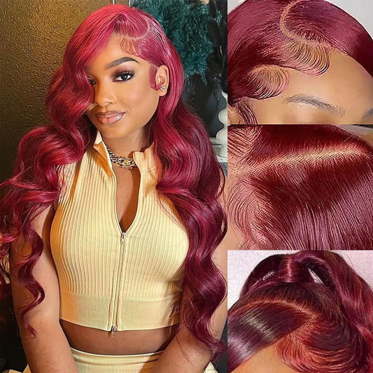Dewyigs 20 Inch 99j Burgundy Lace Front Wigs Human Hair 13x4 HD Red Burgundy Wig Human Hair 180% Body Wave Lace Front Wigs Human Hair Pre Plucked Glueless Frontal Wigs Human Hair for Women