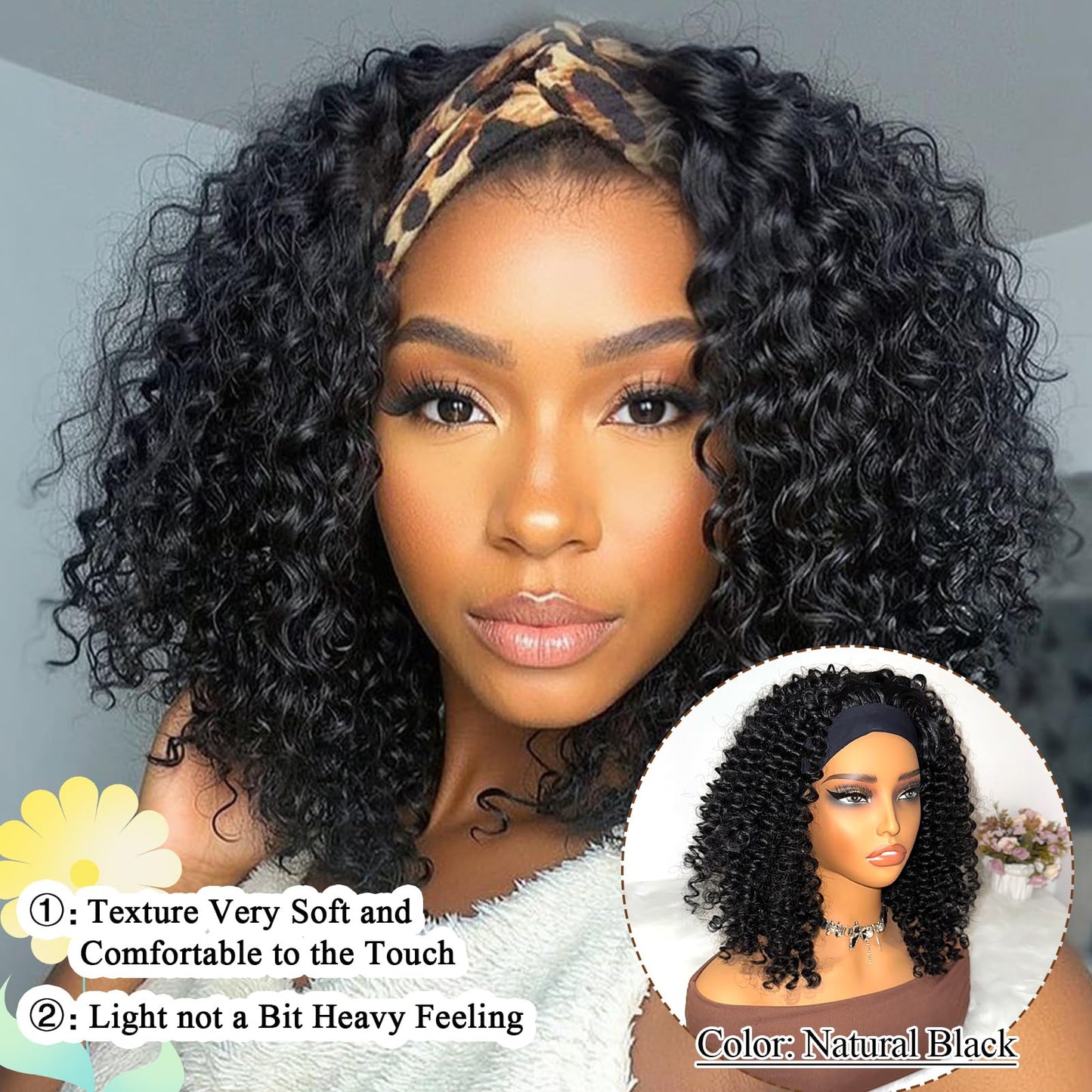 Aisaide Kinky Curly Headband Wig 14 Inch Headband Wigs for Black Women None Lace Front Curly Wave Half Hair Wig Wear and Go Glueless Wig