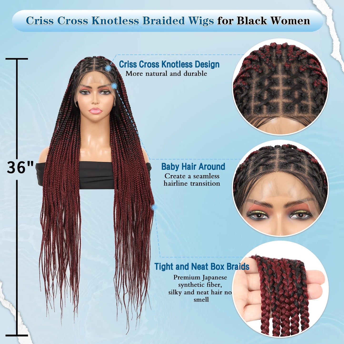 Olymei Criss Cross Knotless Braided Wigs for Black Women Box Braid Wig Braided Lace Front Wigs with Baby Hair Premium Synthetic Lace Front Burgundy Red Box Braided Wig, 36" Full Double Lace