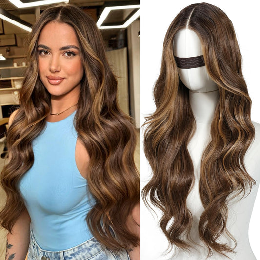 ENCOUNTERU Pre Cut Lace Glueless Wig Wear and Go Synthetic Lace Front Wigs for Women Brown and Blonde Highlight Body Wave Wig with Bangs Pre Plucked Ready to Wear Middle Part 26 Inch