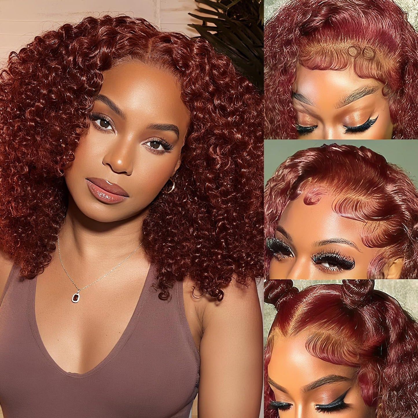 Punmasa 18 Inch Reddish Brown Curly Bob Wig Human Hair 13x6 Frontal Lace Wig 200% Density Lace Front Wigs Human Hair Pre Plucked Bob Wigs for Black Women 33#