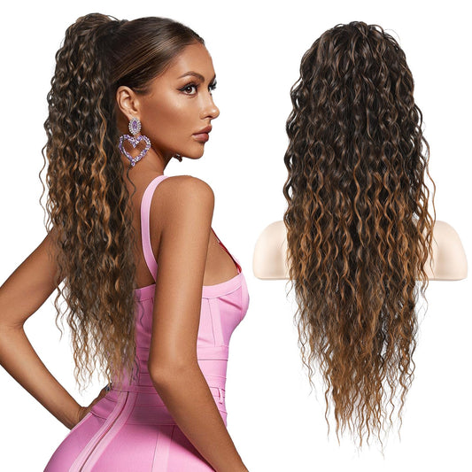 Flufymooz Ponytail Extension, 26 Inch Bohemian Style Drawstring Ponytail Hair Extensions for Women, Long Curly Wavy Ponytail Natural Synthetic Hairpiece for Women (26 Inch Almond brown)