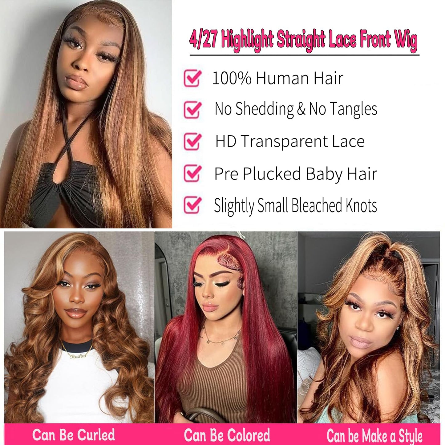 13x6 Ombre Highlight Lace Front Wigs Human Hair Pre Plucked HD Transparent Straight Lace Frontal Wigs 180% Density Glueless 4/27 Colored Honey Blonde Human Hair Wig for Women with Baby Hair 20Inch